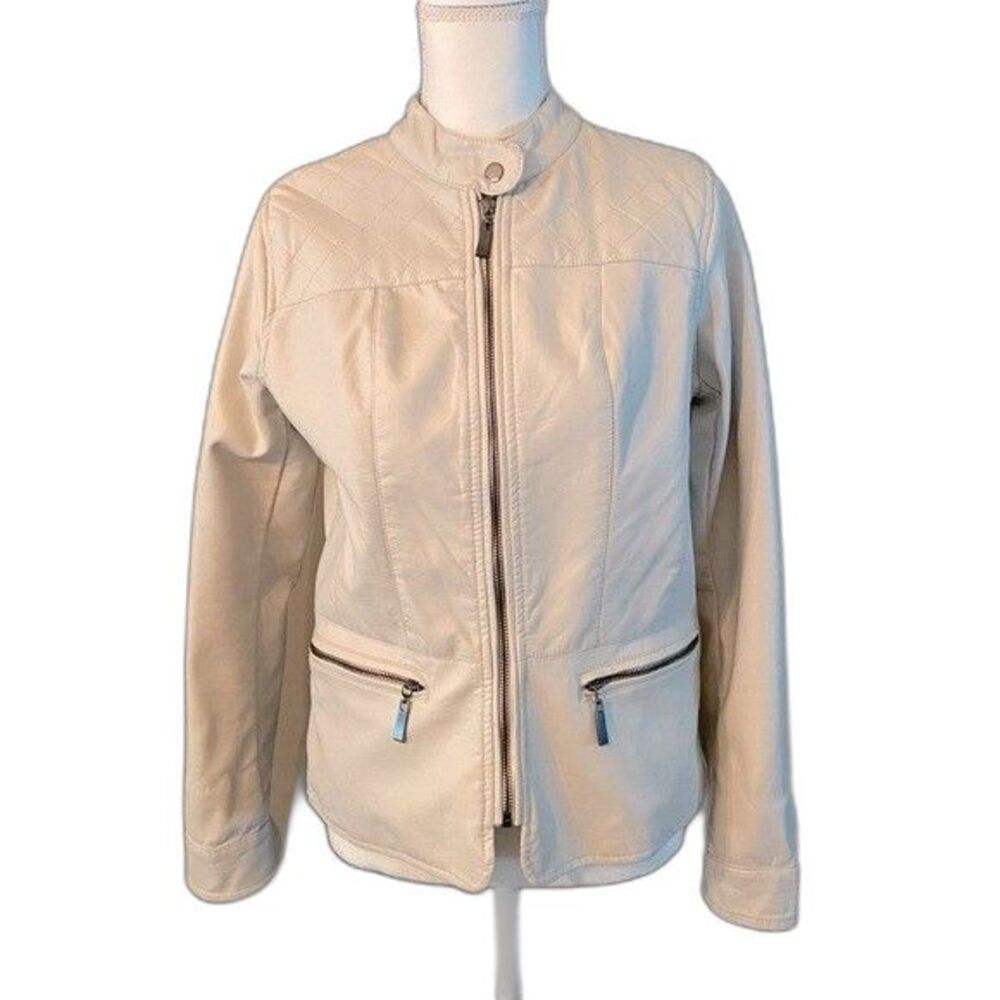 Apt. 9 Cream Vegan Leather Moto Jacket Women Faux Leather Full Zip Minimalist